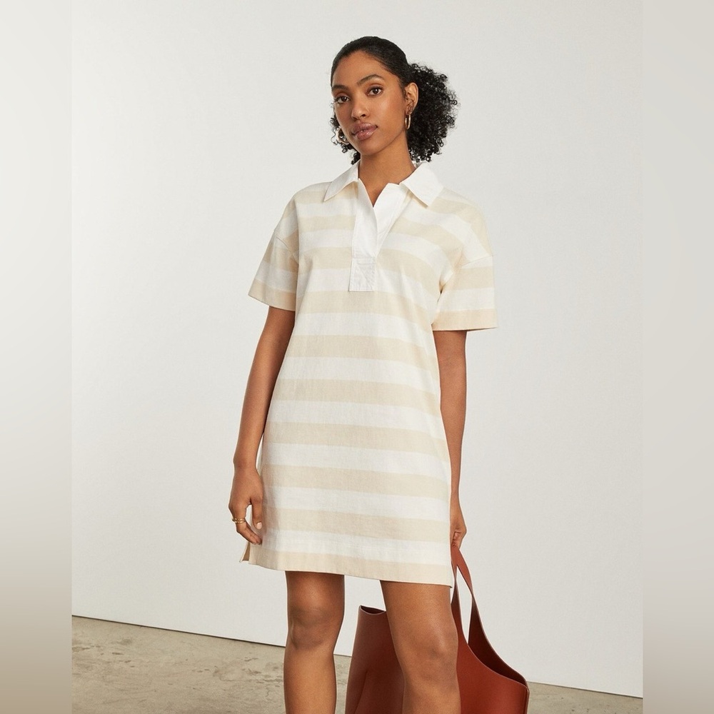 NWT Everlane Organic Cotton Polo Dress in Stripe XXS Oversized Fit Tan & Cream